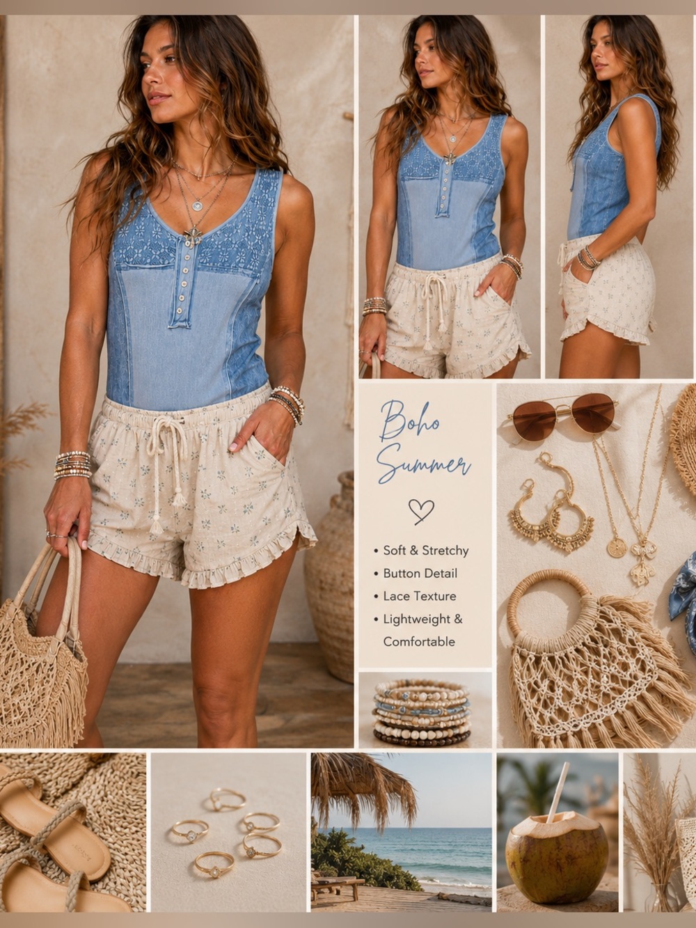 POL Boho Blue Lace & Knit Sleeveless Bodysuit | Button Front Size Large NWOT - Picture 5 of 5